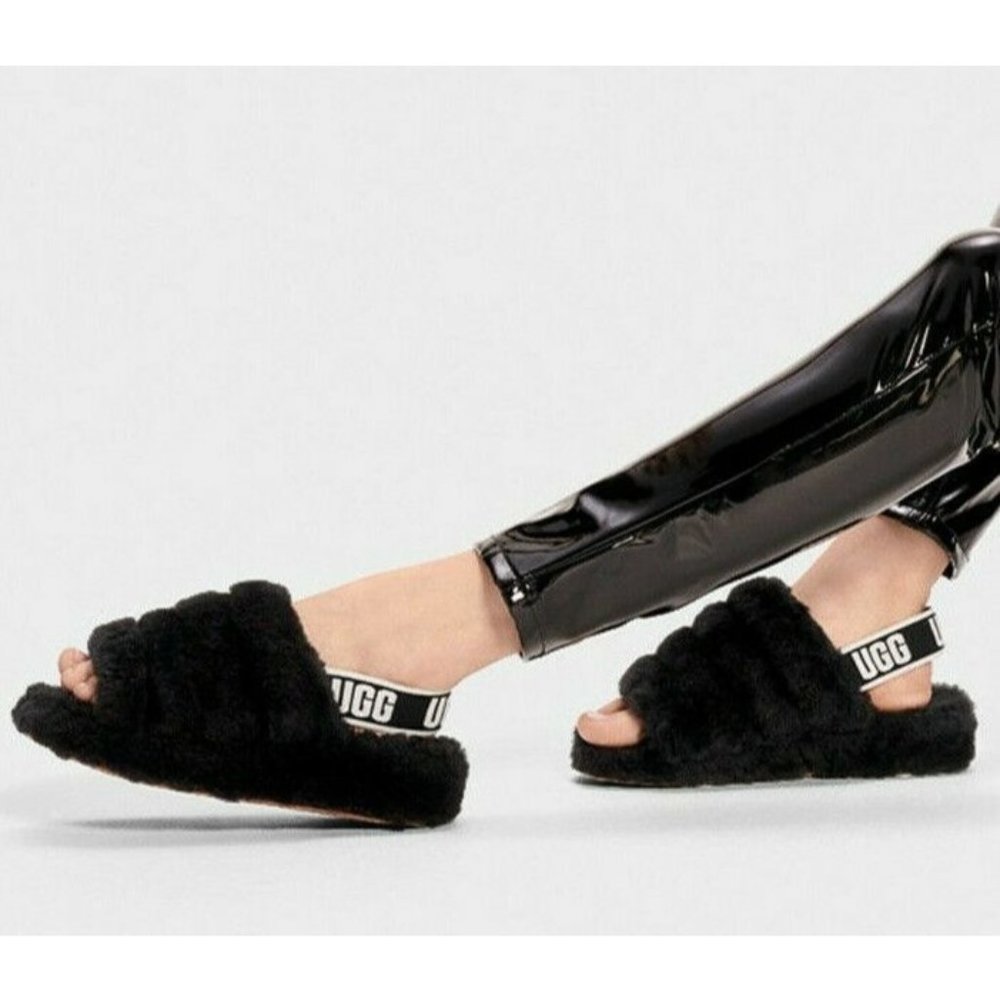 UGG Fluff Yeah Genuine Shearling Platform Slingback Sandal Slide Black US 6